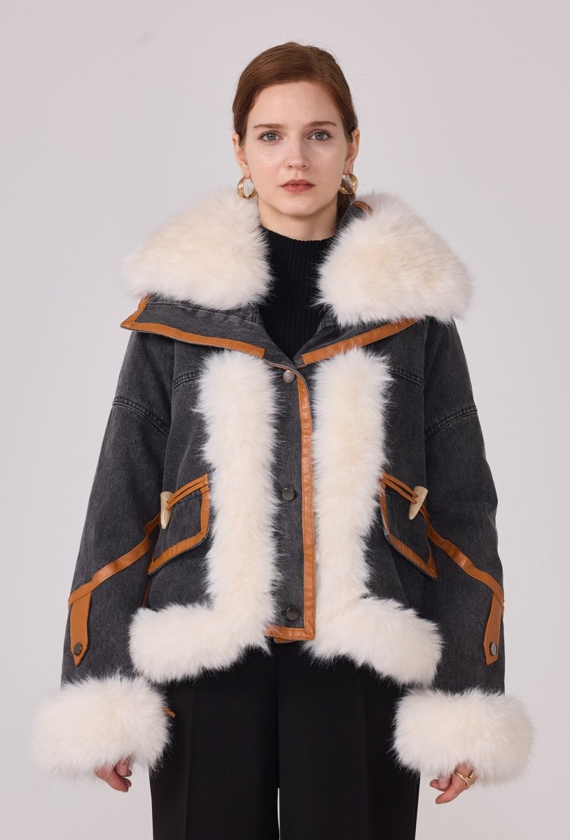 Veste denim noire courte à fourrure - RIVE GAUCHE