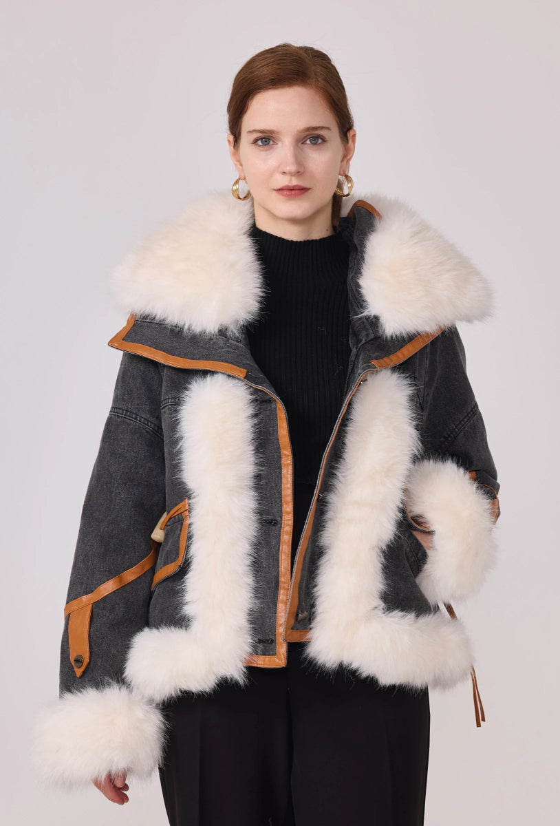 Veste denim noire courte à fourrure - RIVE GAUCHE