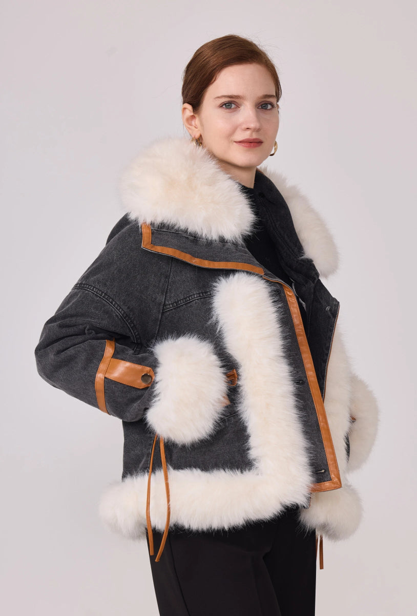 Veste denim noire courte à fourrure - RIVE GAUCHE