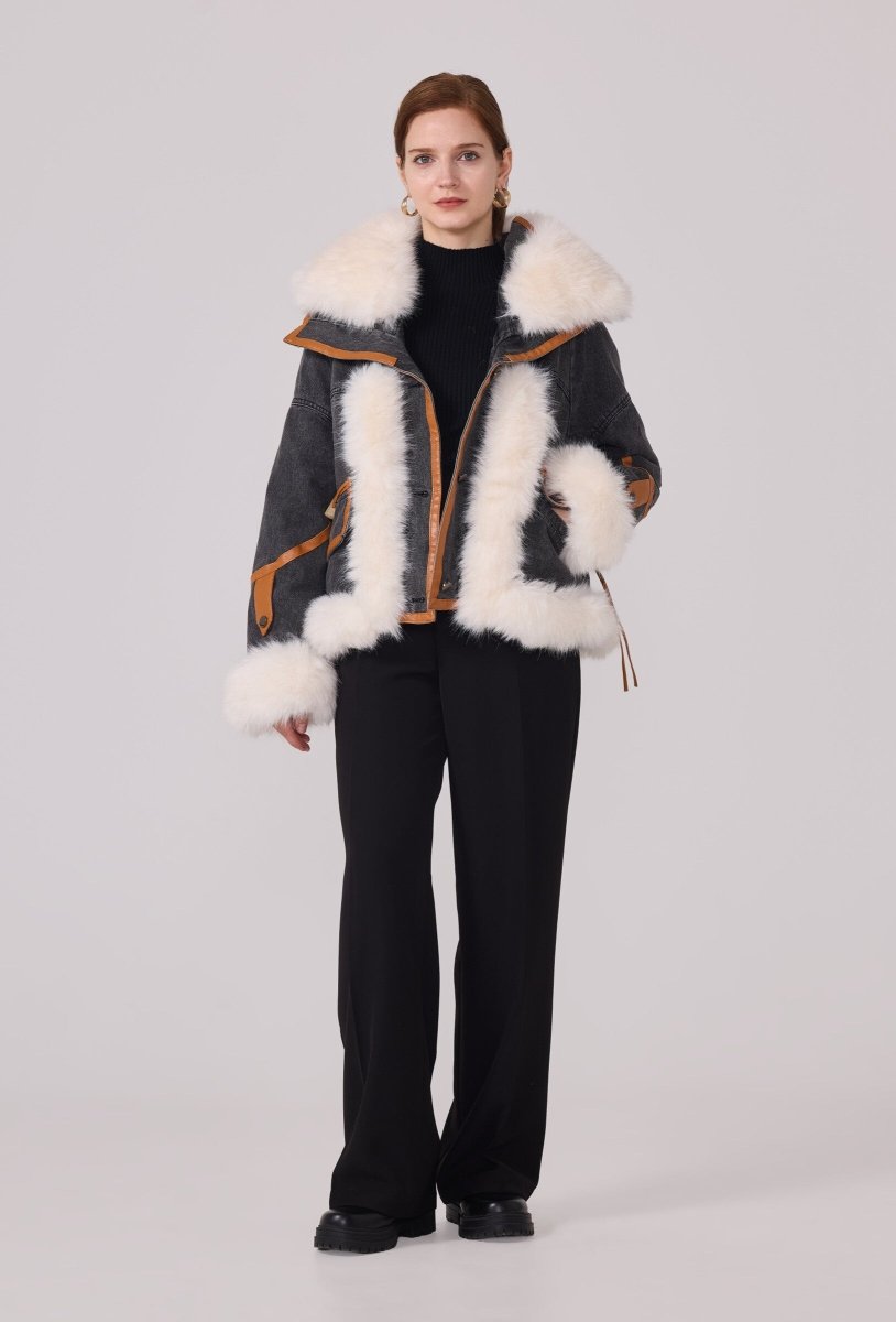 Veste denim noire courte à fourrure - RIVE GAUCHE