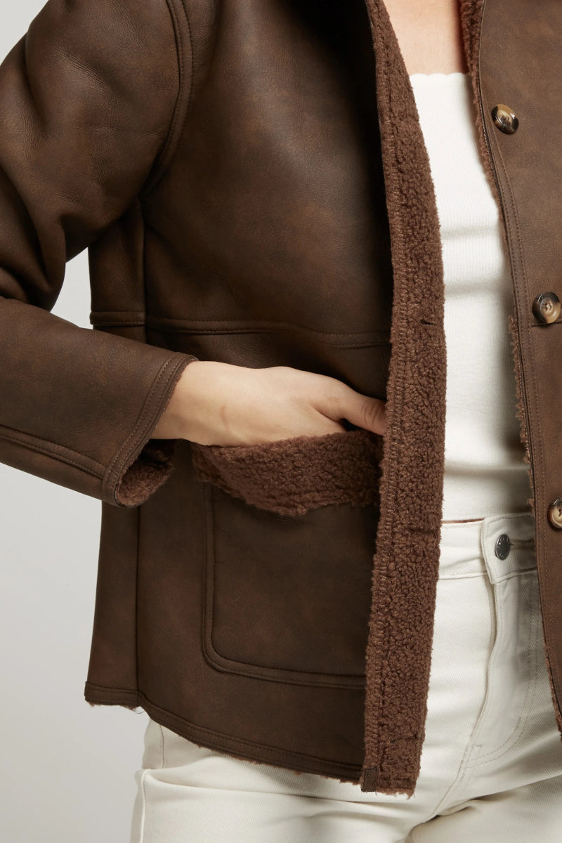 Veste doublée chocolat effet cuir vieilli - RIVE GAUCHE