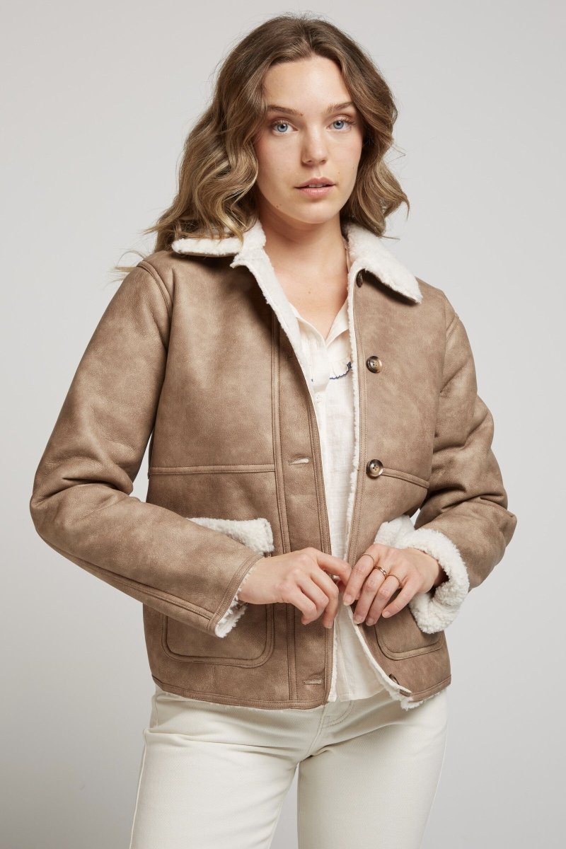 Veste doublée taupe effet cuir vieilli - RIVE GAUCHE