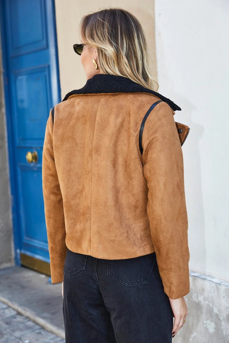 Veste effet suédine zippée à col moumoute et détails contrastants - RIVE GAUCHE