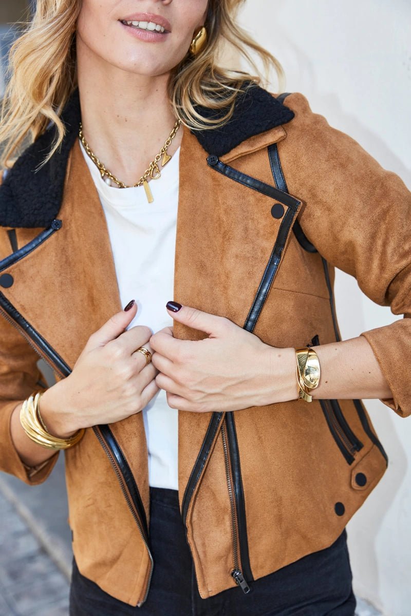 Veste effet suédine zippée à col moumoute et détails contrastants - RIVE GAUCHE