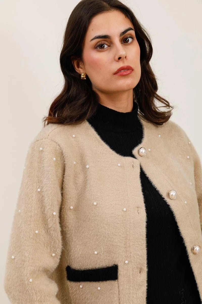 Veste en fourrure douce beige à détails perlés - RIVE GAUCHE