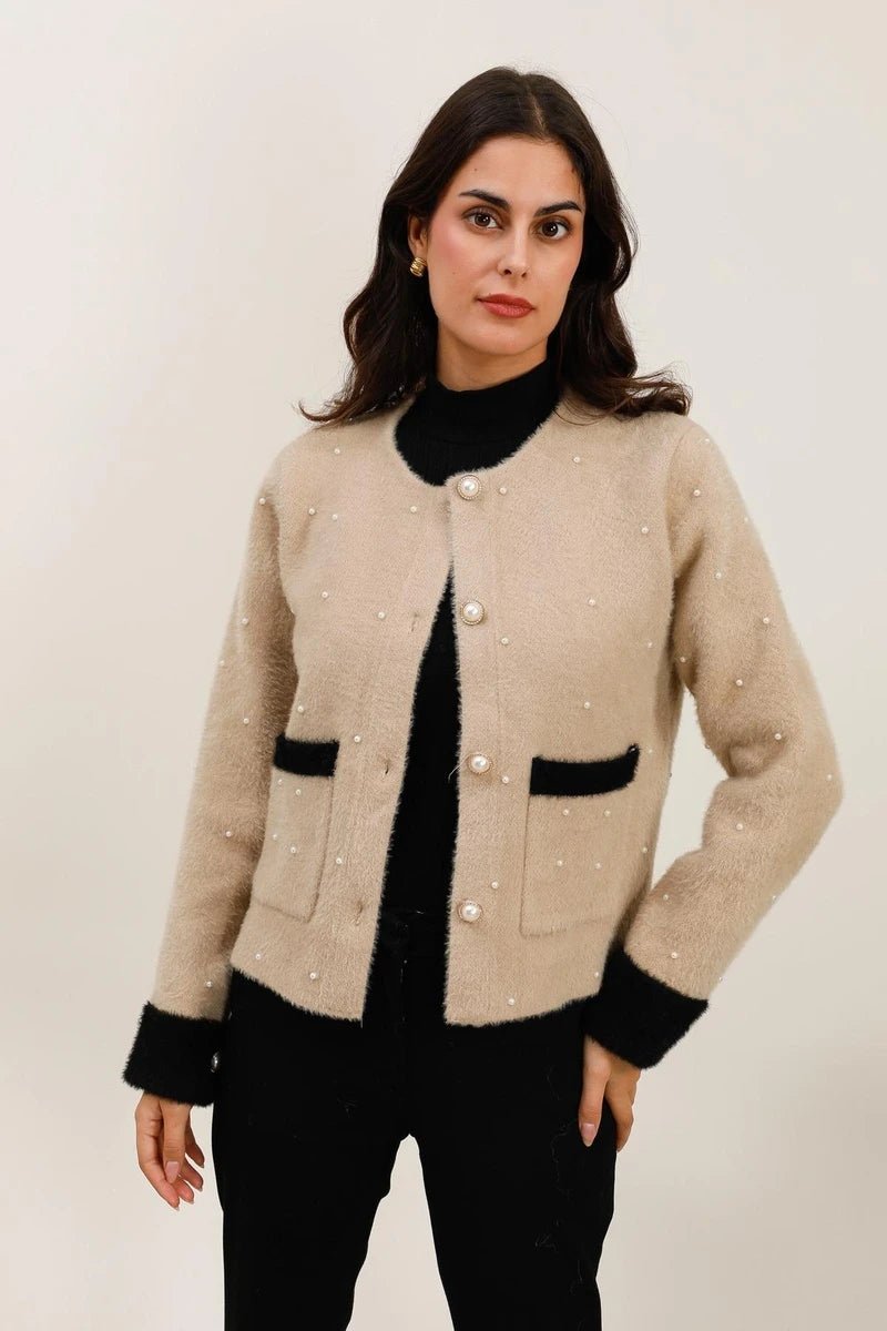 Veste en fourrure douce beige à détails perlés - RIVE GAUCHE