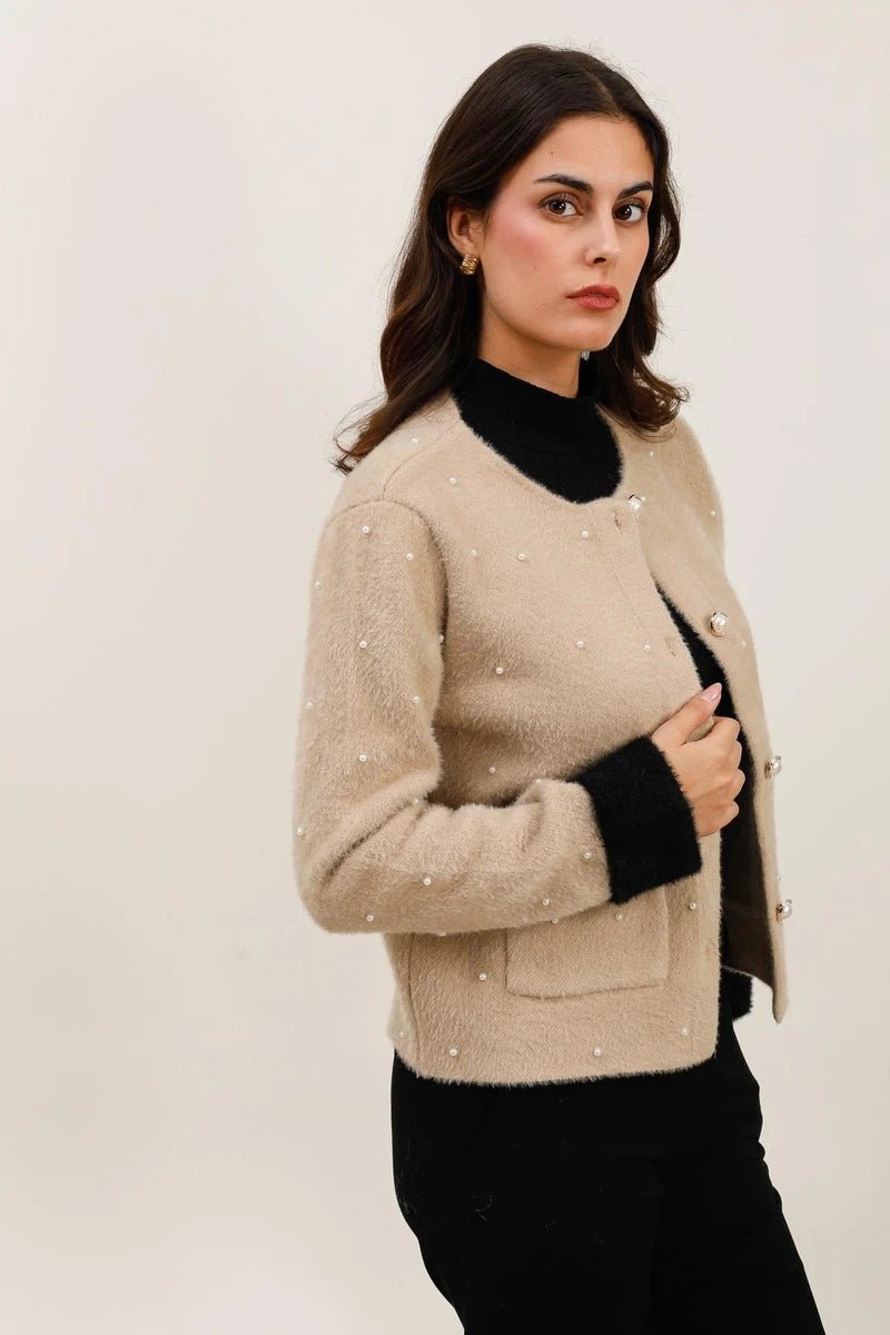 Veste en fourrure douce beige à détails perlés - RIVE GAUCHE