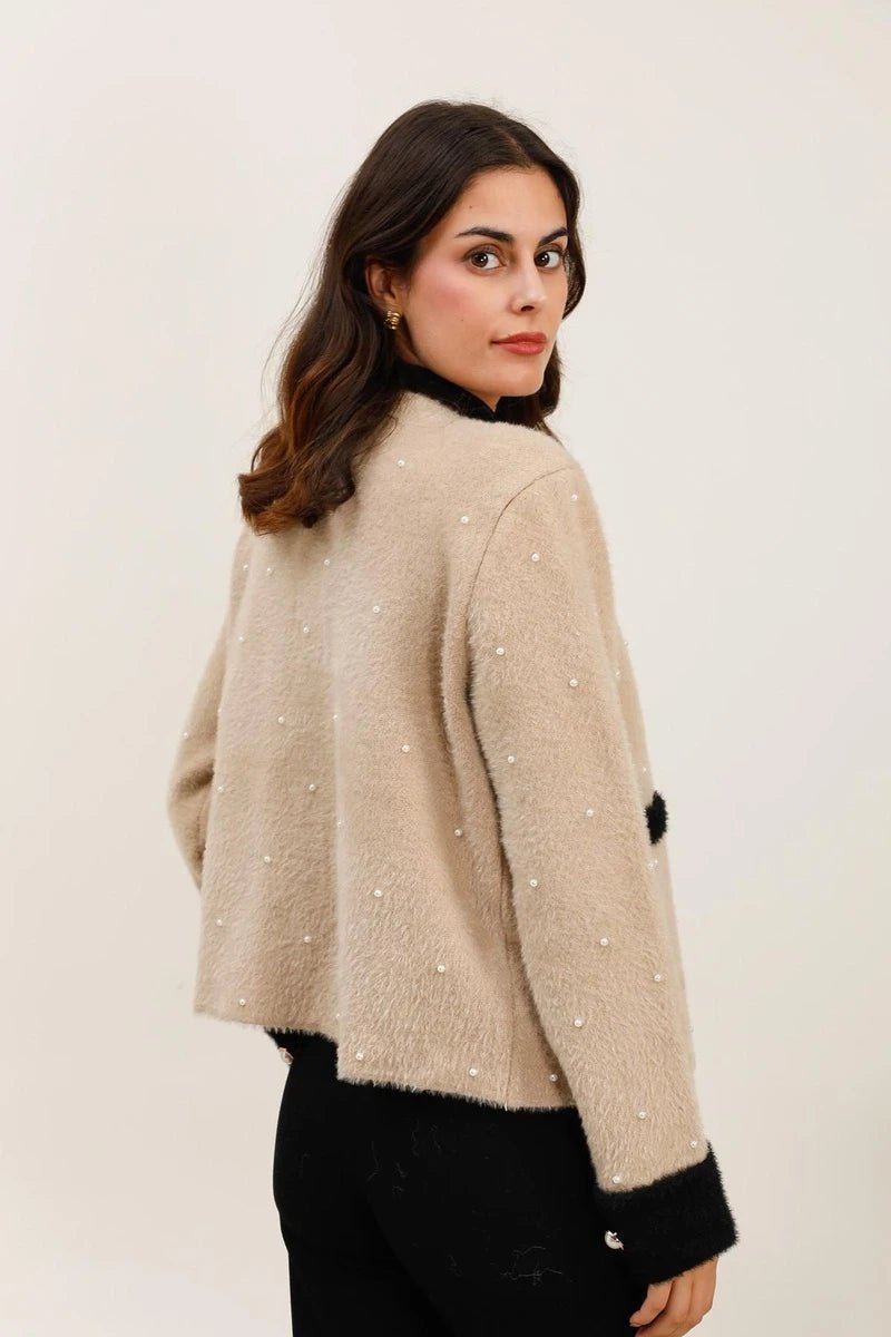 Veste en fourrure douce beige à détails perlés - RIVE GAUCHE