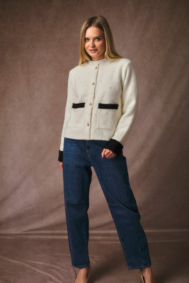 Veste en fourrure douce blanche à détails perlés - RIVE GAUCHE