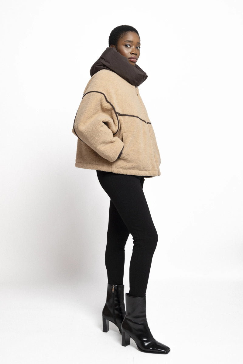 Veste en moumoute beige à capuche bi matière - RIVE GAUCHE