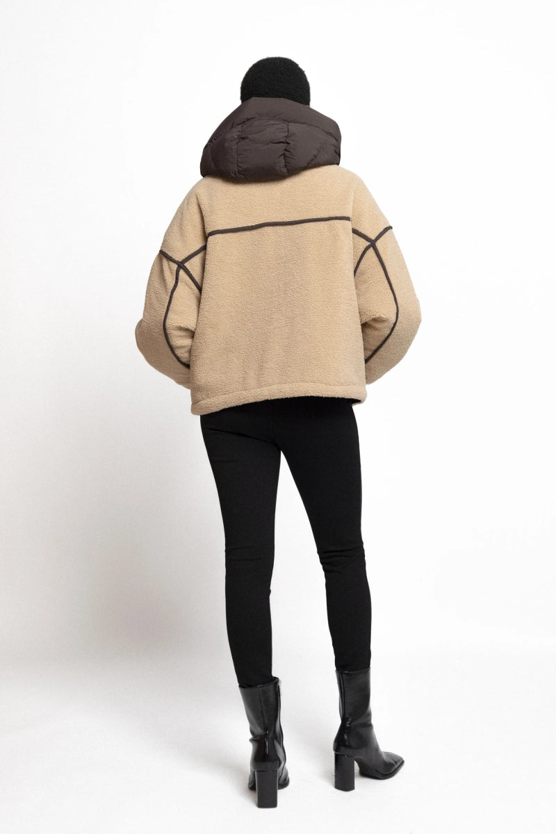Veste en moumoute beige à capuche bi matière - RIVE GAUCHE