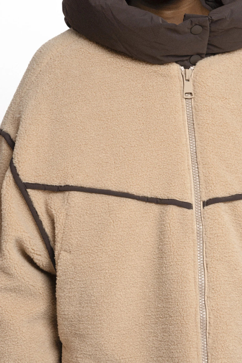 Veste en moumoute beige à capuche bi matière - RIVE GAUCHE