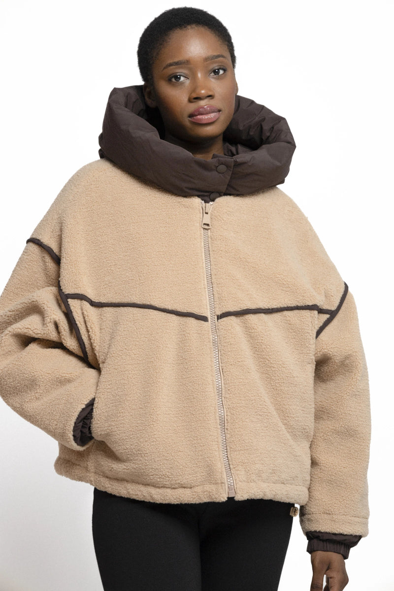 Veste en moumoute beige à capuche bi matière - RIVE GAUCHE