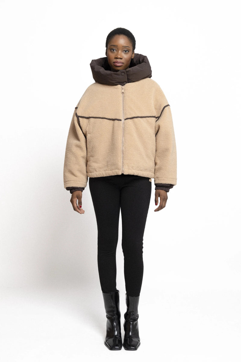 Veste en moumoute beige à capuche bi matière - RIVE GAUCHE