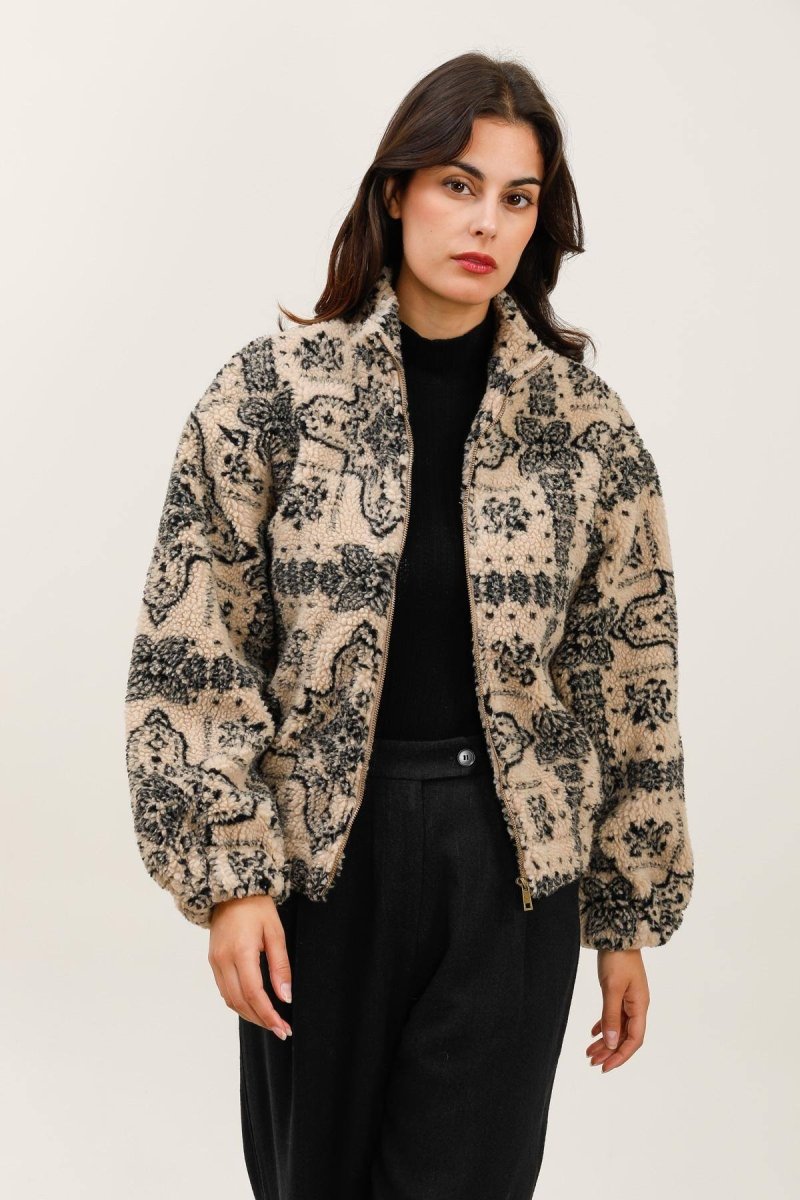 Veste en moumoute beige à motifs graphiques - RIVE GAUCHE