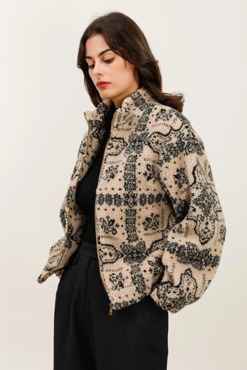 Veste en moumoute beige à motifs graphiques - RIVE GAUCHE