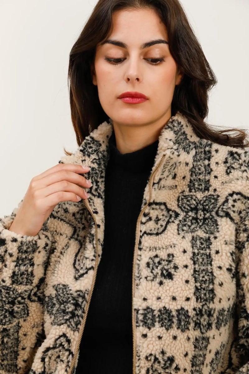 Veste en moumoute beige à motifs graphiques - RIVE GAUCHE