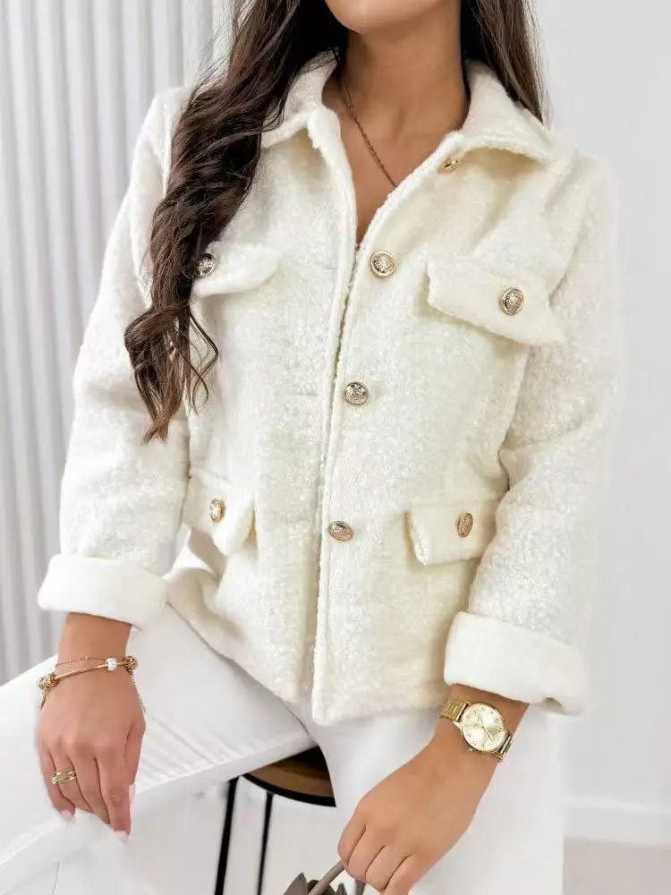 Veste en moumoute blanche à boutonnage doré - RIVE GAUCHE