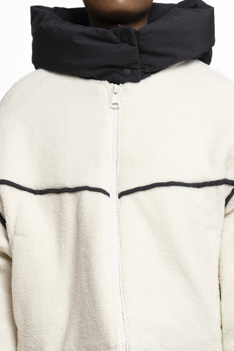 Veste en moumoute écru à capuche bi matière - RIVE GAUCHE