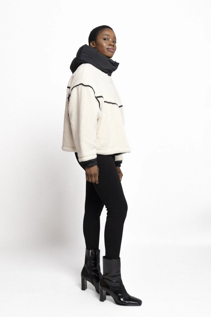 Veste en moumoute écru à capuche bi matière - RIVE GAUCHE