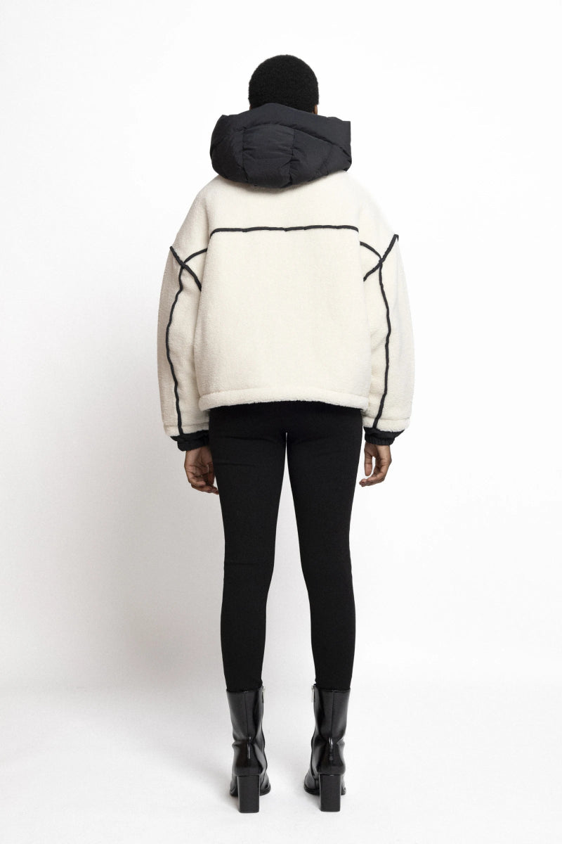 Veste en moumoute écru à capuche bi matière - RIVE GAUCHE