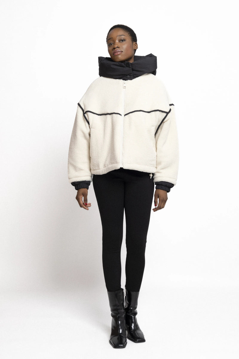 Veste en moumoute écru à capuche bi matière - RIVE GAUCHE