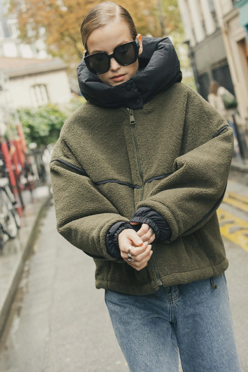 Veste en moumoute kaki à capuche bi matière - RIVE GAUCHE