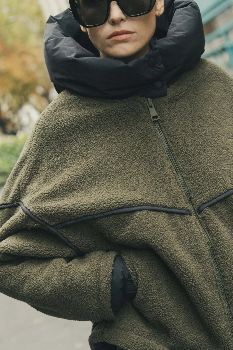 Veste en moumoute kaki à capuche bi matière - RIVE GAUCHE