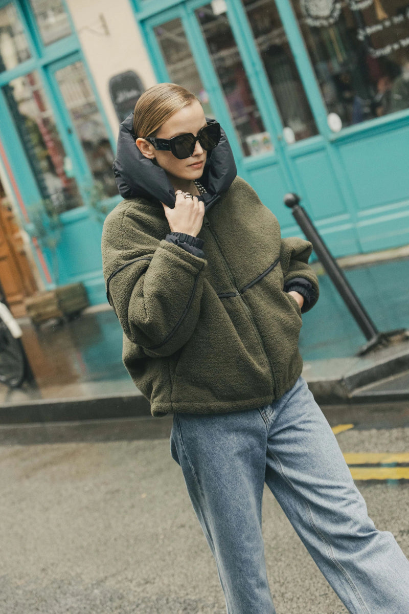 Veste en moumoute kaki à capuche bi matière - RIVE GAUCHE