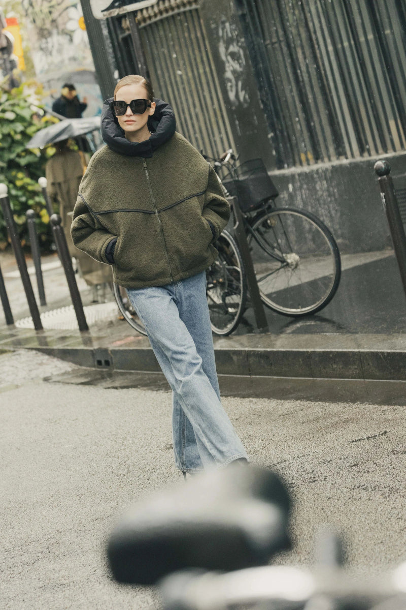 Veste en moumoute kaki à capuche bi matière - RIVE GAUCHE