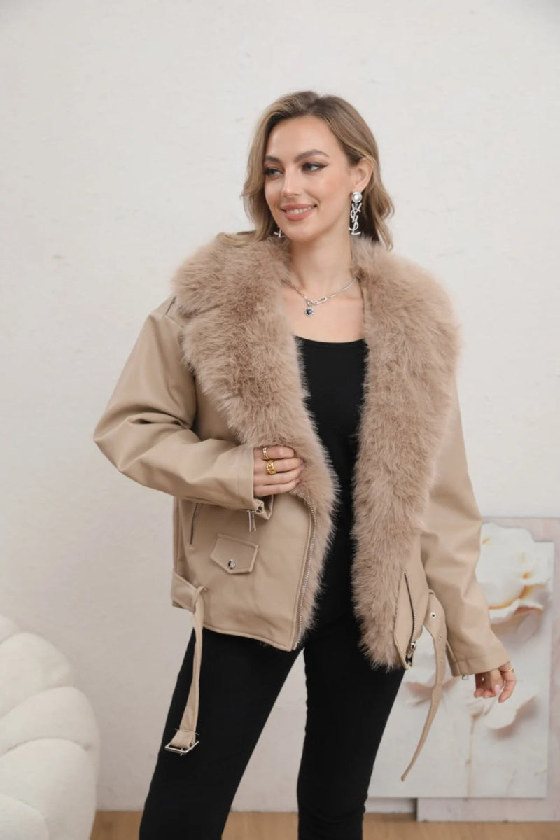 Veste en simili cuir beige avec fourrure - RIVE GAUCHE
