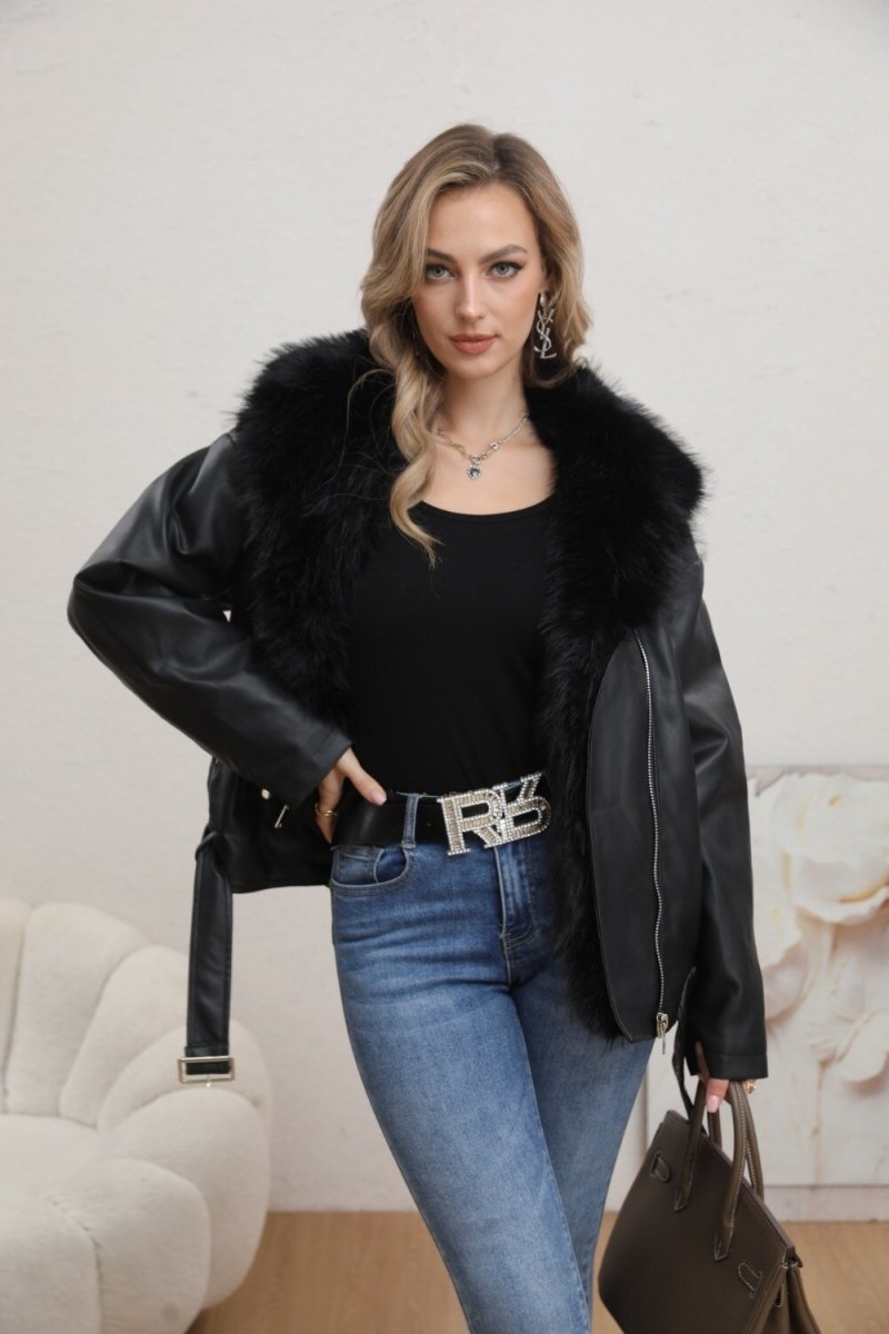 Veste en simili cuir noire avec fourrure - RIVE GAUCHE