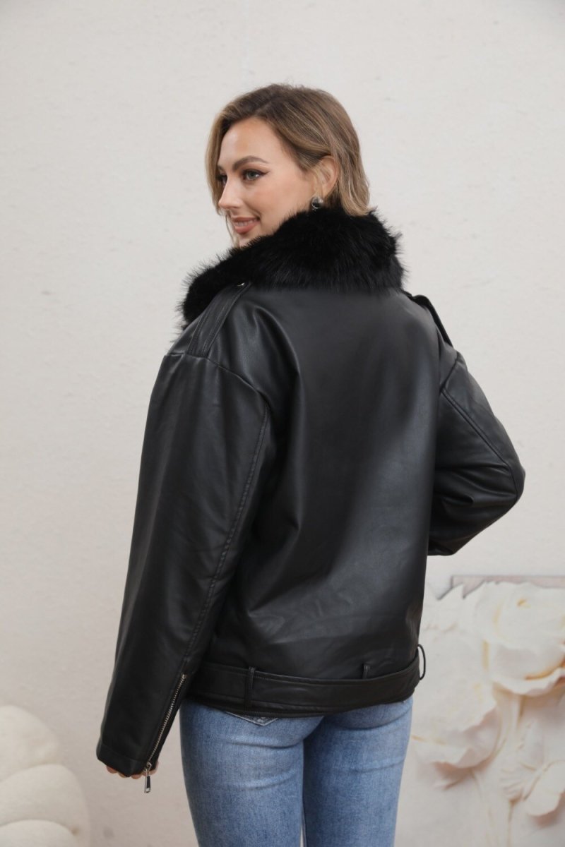 Veste en simili cuir noire avec fourrure - RIVE GAUCHE