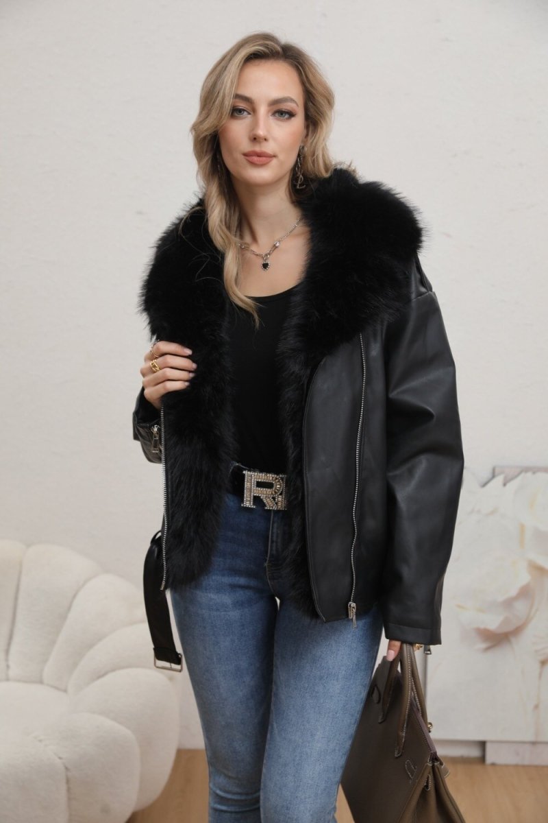Veste en simili cuir noire avec fourrure - RIVE GAUCHE