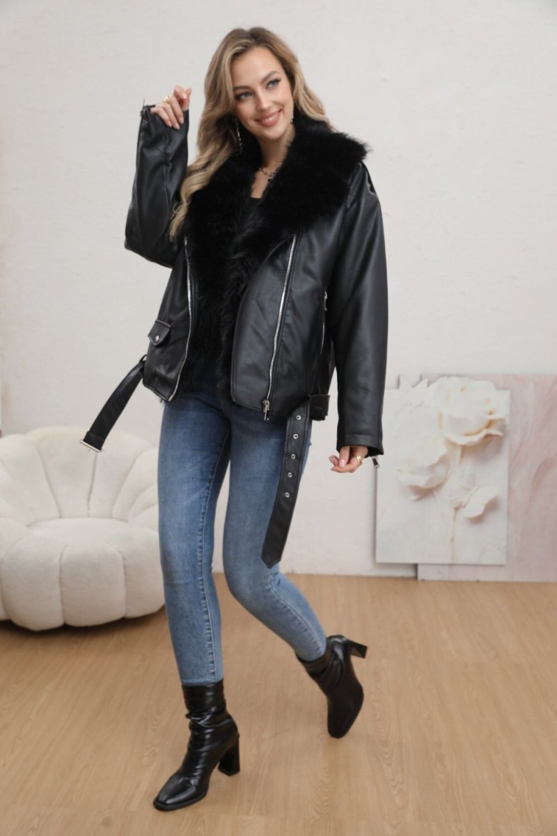 Veste en simili cuir noire avec fourrure - RIVE GAUCHE