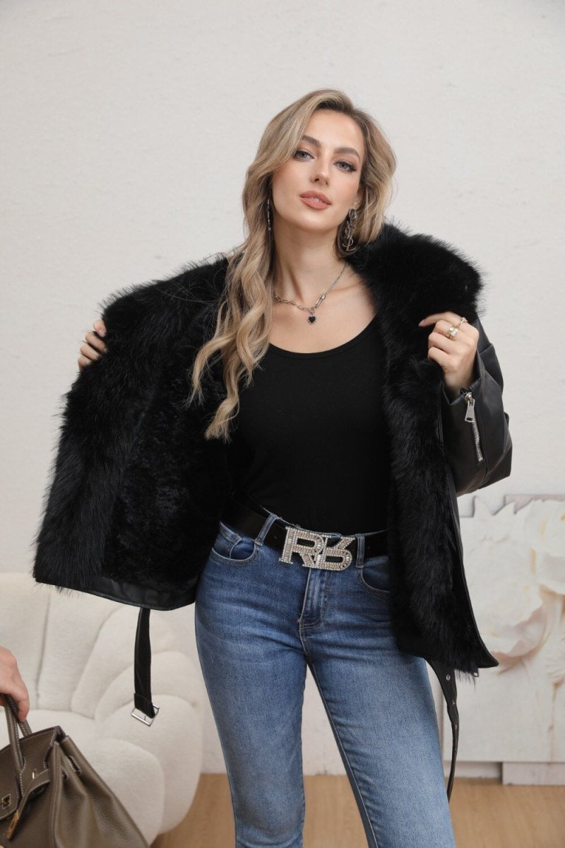 Veste en simili cuir noire avec fourrure - RIVE GAUCHE