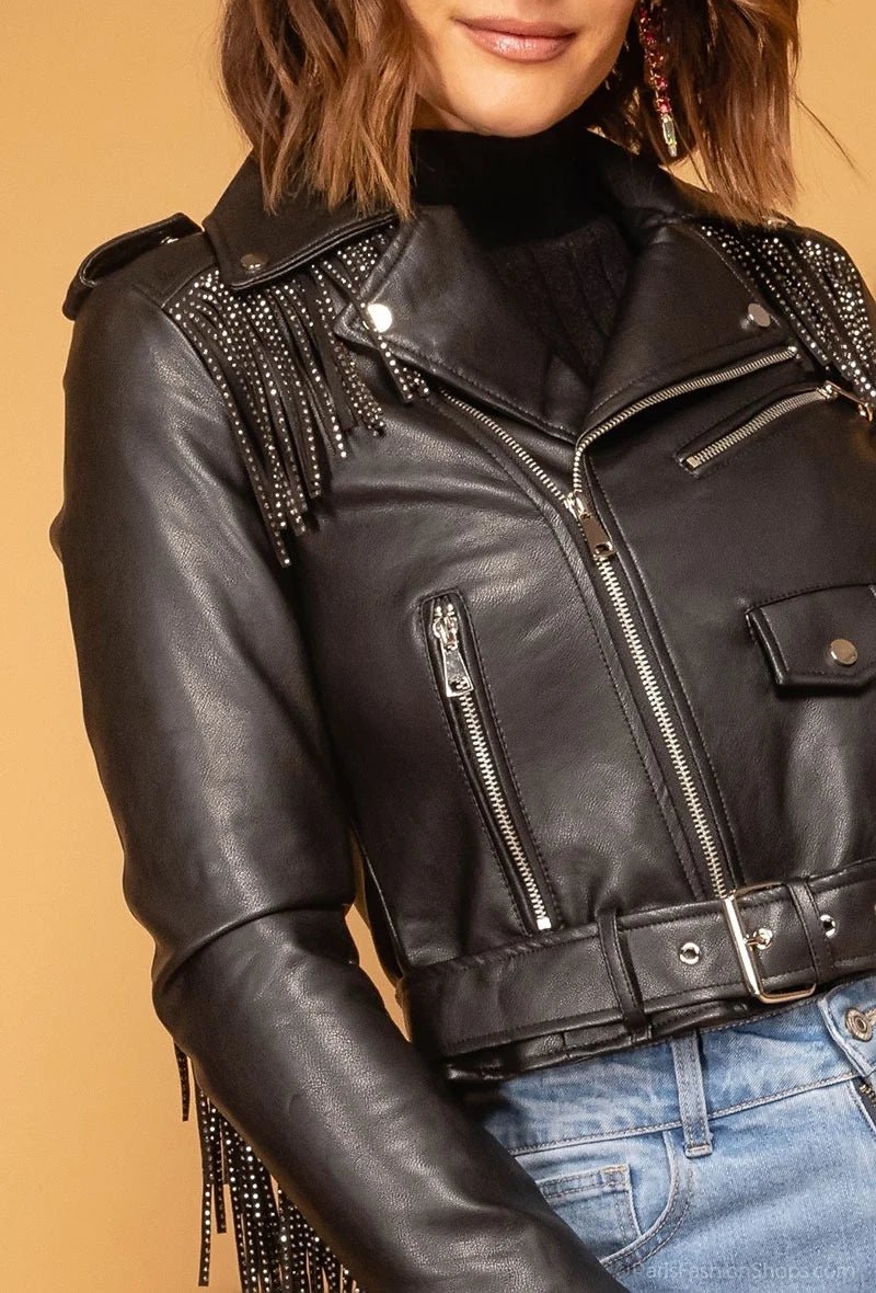 Veste en similicuir avec franges strassées - RIVE GAUCHE