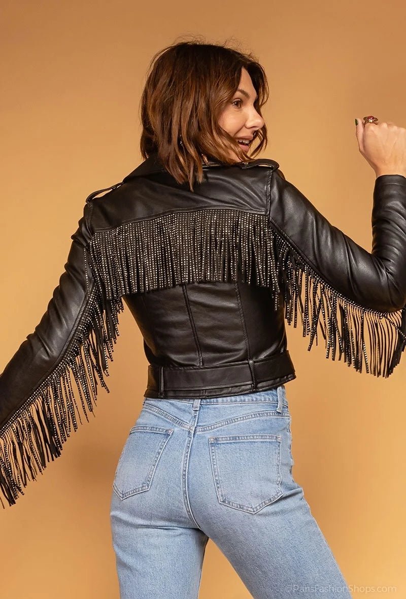 Veste en similicuir avec franges strassées - RIVE GAUCHE