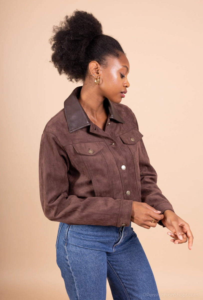 Veste en suédine chocolat col contrastant - RIVE GAUCHE