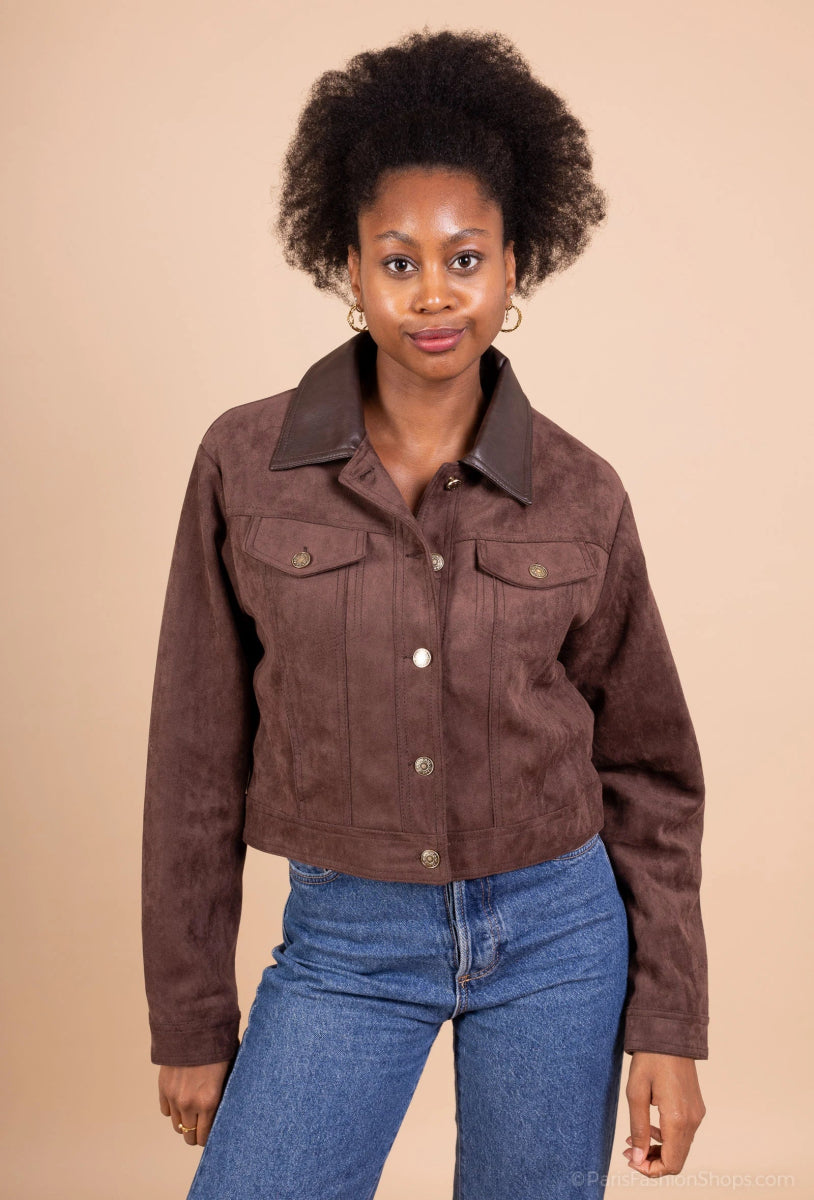 Veste en suédine chocolat col contrastant - RIVE GAUCHE