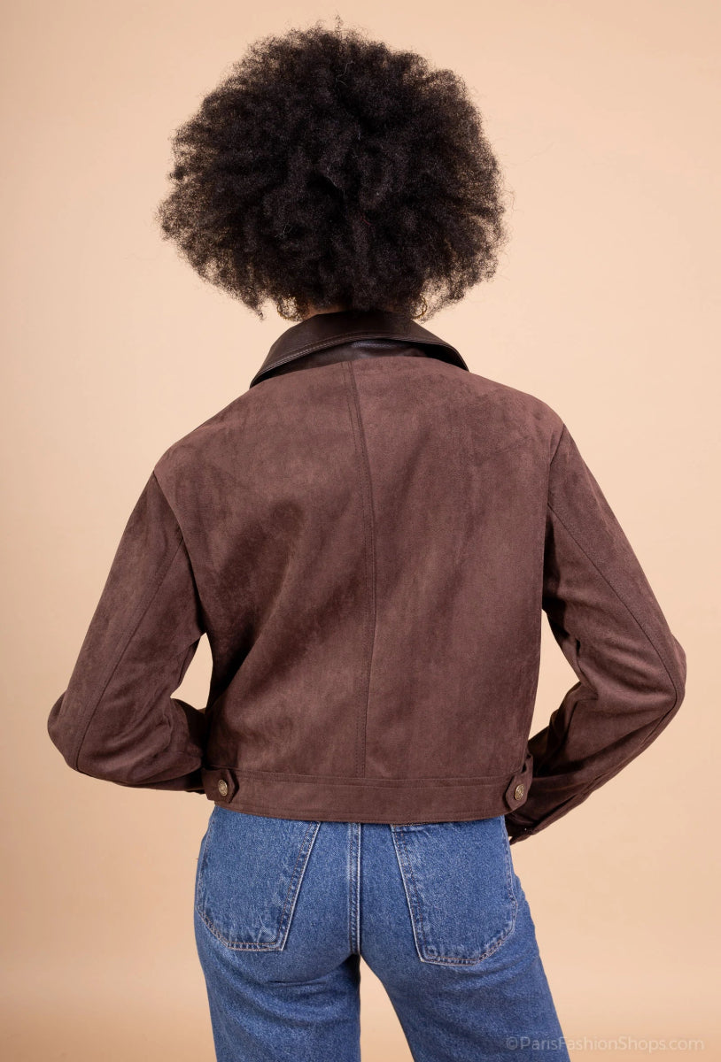 Veste en suédine chocolat col contrastant - RIVE GAUCHE