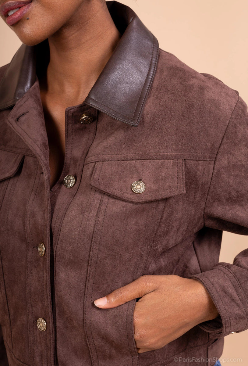 Veste en suédine chocolat col contrastant - RIVE GAUCHE