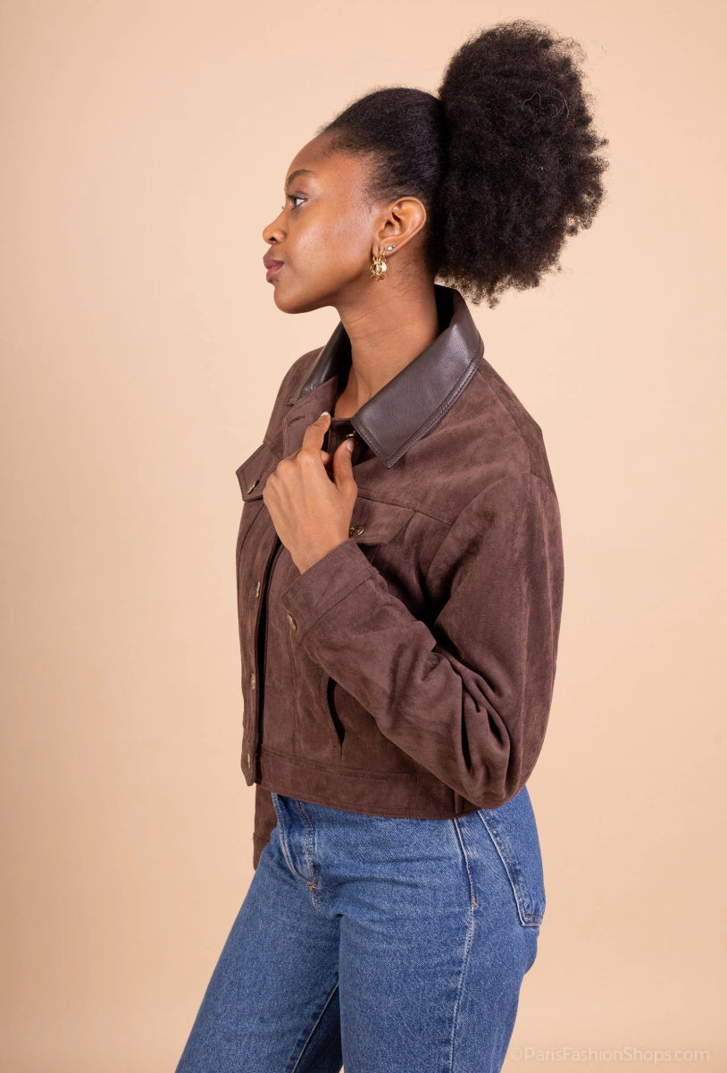 Veste en suédine chocolat col contrastant - RIVE GAUCHE