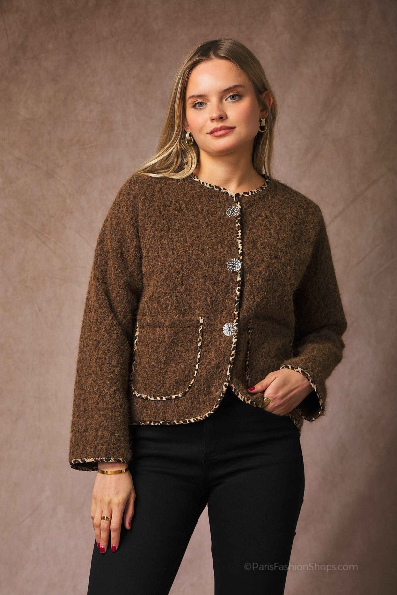 Veste marron bordure léopard avec poches et boutons dorés - RIVE GAUCHE