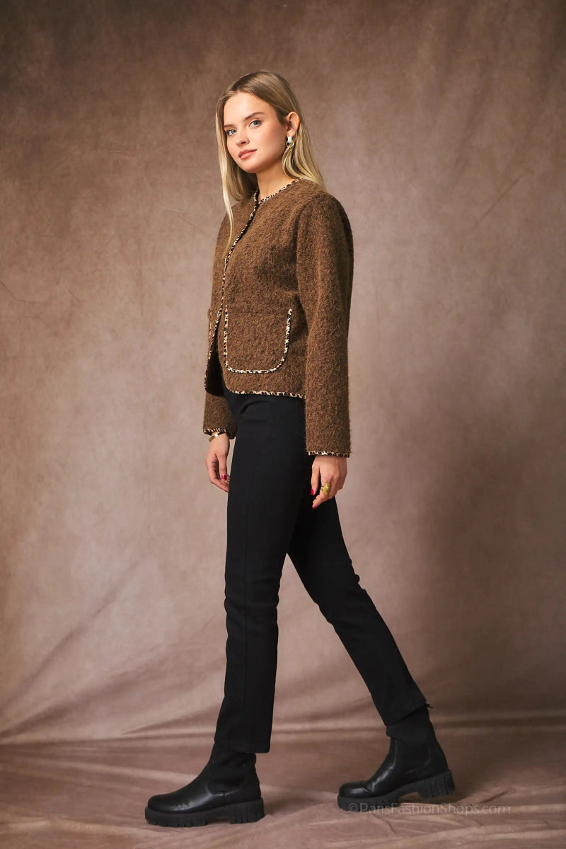 Veste marron bordure léopard avec poches et boutons dorés - RIVE GAUCHE