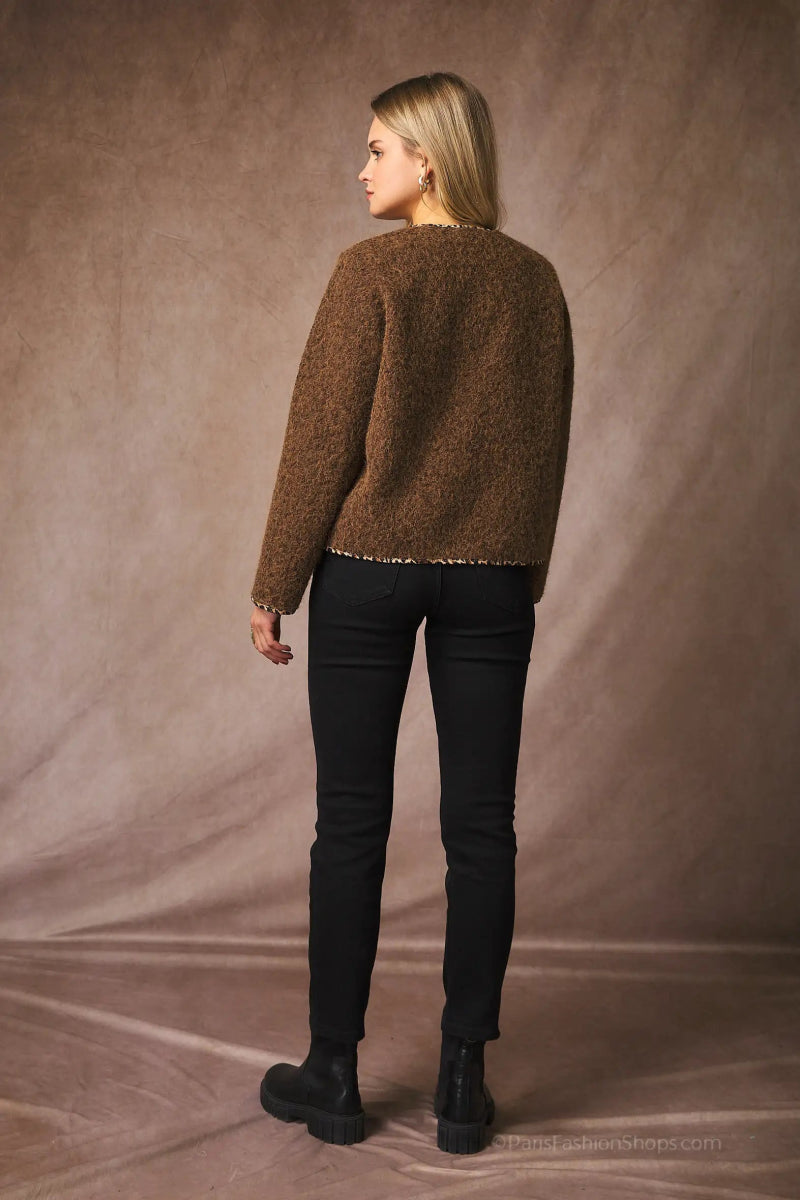 Veste marron bordure léopard avec poches et boutons dorés - RIVE GAUCHE