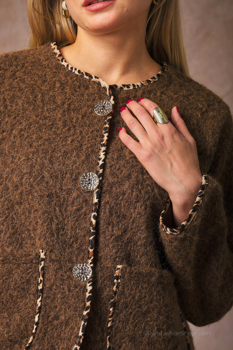 Veste marron bordure léopard avec poches et boutons dorés - RIVE GAUCHE