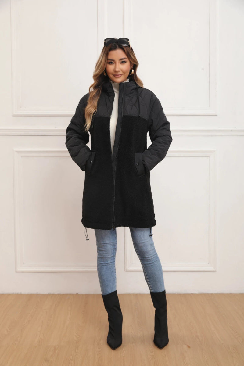 Veste matelassée noire avec capuche en fourrure d’agneau - RIVE GAUCHE