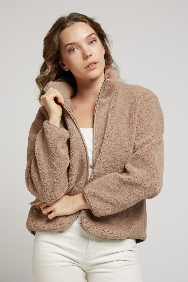 Veste moumoute beige bordée façon cuir - RIVE GAUCHE