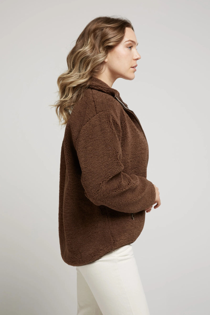 Veste moumoute chocolat bordée façon cuir - RIVE GAUCHE